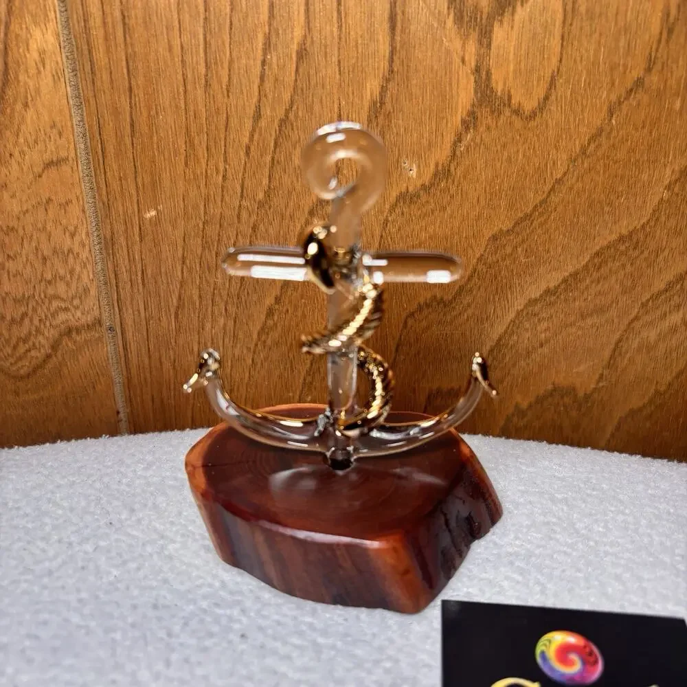 Cecil Art Glass Anchor Sculpture Wood Base Nautical Handmade Blown Glass 4 Inch